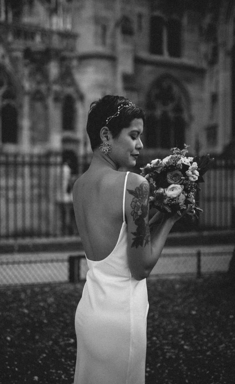 Wedding photo in Paris of a bride holding her bouquet